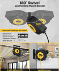 Heavy Duty Retractable Extension Cord Reel 50 Feet Long With Rugged 14 AWG Wiring And Three Bright Lighted Outlets mounted on wall and ceiling, showing 180° swivel.