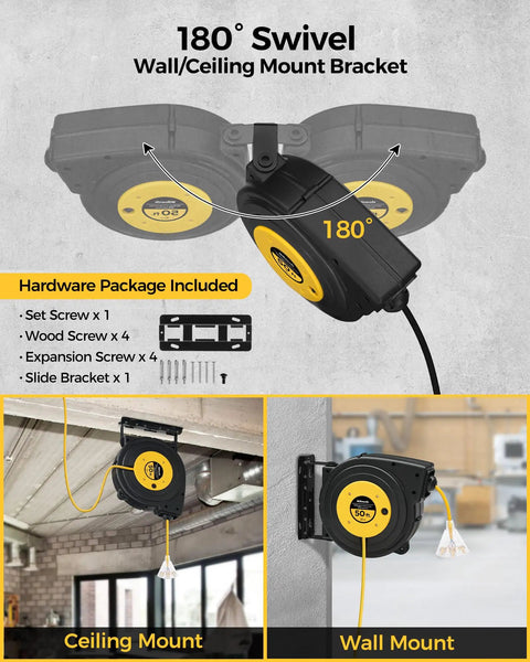 Heavy Duty Retractable Extension Cord Reel 50 Feet Long With Rugged 14 AWG Wiring And Three Bright Lighted Outlets mounted on wall and ceiling, showing 180° swivel.