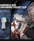 Beefy 1100 Lumen Pocket Flashlight With 4 Modes clipped on pants and being used outdoors, ideal for camping and emergencies.