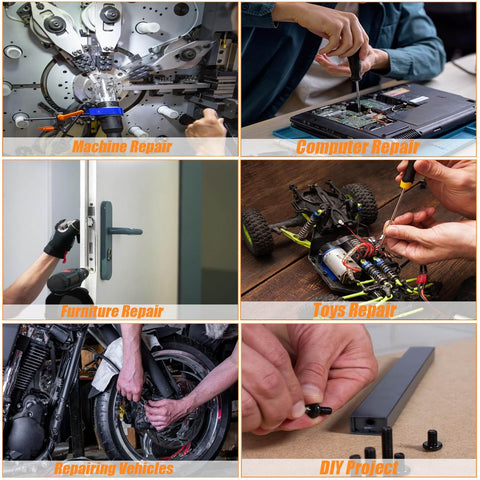 Collage showing uses of Must Have 3000Pcs Metric Screw Assortment Kit With 18 Sizes M2 Through M5 in repairs and DIY projects.