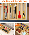 Expandable Bamboo Silverware Drawer Organizer Tray used for tools, cosmetics, and office supplies storage