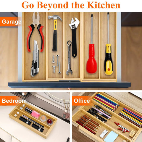 Expandable Bamboo Silverware Drawer Organizer Tray used for tools, cosmetics, and office supplies storage