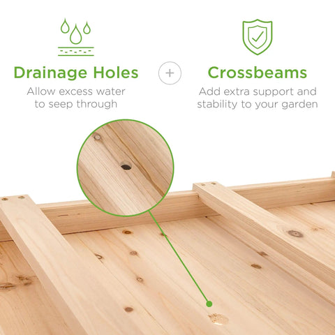 Drainage holes and crossbeams of Mobile Raised Garden Bed On Wheels With Locking Casters 48 By 24 By 32 Inch Elevated Planter With Storage Shelf Protective Liner Natural Wood Finish Back Friendly Height For Easy No Bend Gardening