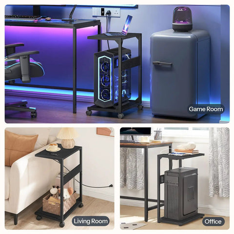 Under Desk CPU Stand With Charging Station Two Tier Mobile Computer Tower Cart With Lockable Wheels That Fits Most Desktops