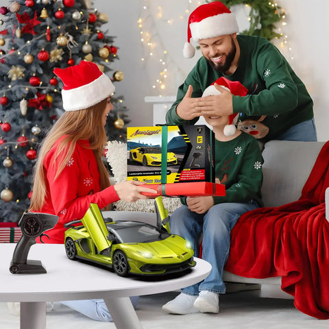 Family opening gift of Lamborghini Officially Licensed Remote Control Car With Realistic Lambo Design for Boys and Girls in living room