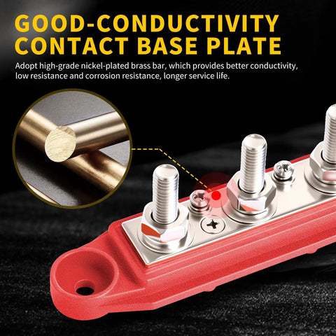 250 Amp 12 Volt Heavy Duty Power Distribution Block Bus Bar With Four M8 Studs And Three Screw Terminals Waterproof Cover Pack Of 2 For Automotive Marine Car Audio RV Truck Boat, nickel-plated brass