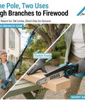 4 In 1 Cordless Pole Saw And Precision Pruner Combo 16 Foot Telescopic Reach showing use on branches and wood cutting.
