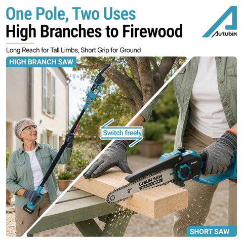 4 In 1 Cordless Pole Saw And Precision Pruner Combo 16 Foot Telescopic Reach showing use on branches and wood cutting.