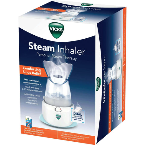 Packaging of Personal Steam Inhaler For Targeted Allergy And Cold Congestion Relief with VapoPads shown on box