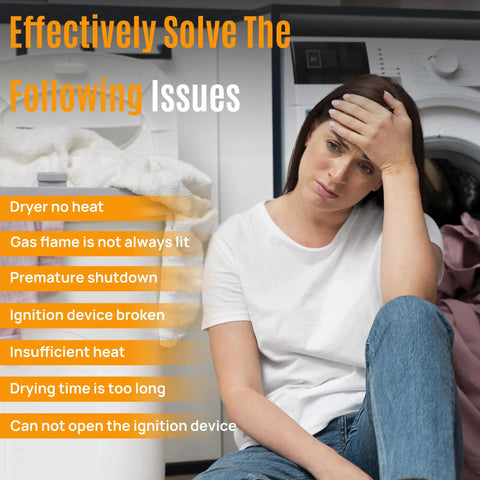 Woman frustrated with dryer issues, text highlights Gas Dryer Repair Kit With Igniter, Gas Valve Coil And Flame Sensor, Replacement Part 279311.