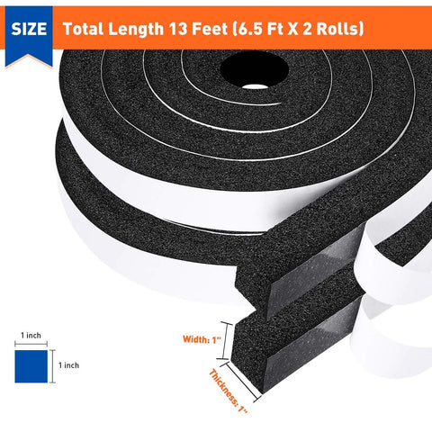MAGZO weather stripping door seal, 1 in W x 1 in T, black adhesive foam strip, two 6.5 ft rolls (13 ft total)