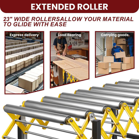Stainless Steel Expandable Roller Conveyor Packs Hella Tough 900 Pound Load Capacity Adjustable Length And Height For Warehouses Lockable 360 Degree Swivel Casters Make Material Handling No Sweat, showing 23" wide rollers for smooth material glide.
