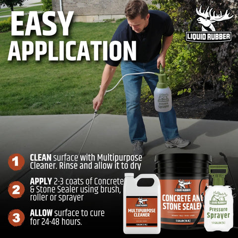 Man applying Heavy Duty Liquid Rubber Concrete Driveway Coating Kit With All Season Water Repellent Sealer And Multipurpose Cleaners.