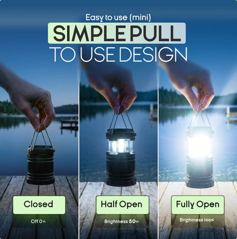 Bright 360 Degree COB LED Camping Lantern Powered by Batteries Portable Hanging Collapsible Light demonstrating light levels.
