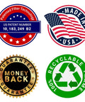 Badges showing US Patent, Made in USA, Money Back Guarantee, and 100% Recyclable for High Flow 20 By 36 By 1 Inch MERV 8 HVAC Furnace Filter
