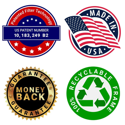 Badges showing US Patent, Made in USA, Money Back Guarantee, and 100% Recyclable for High Flow 20 By 36 By 1 Inch MERV 8 HVAC Furnace Filter