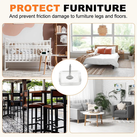 No Drama Nail On Sliders Tough Plastic Floor Savers Keeping Your Hardwood Floors Pristine with visible iron nail and clear cup.