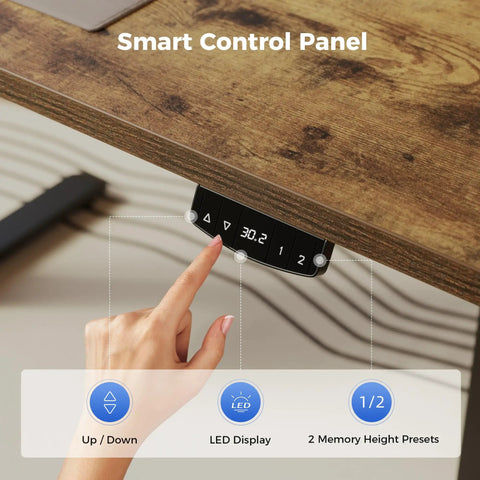 Smart control panel of Brown 55x28 Inch Reversible L Shaped Electric Standing Desk with LED display and memory presets.