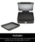 Open electric griddle and indoor grill with interchangeable 14-inch nonstick plates, adjustable temperature knob, and lid.