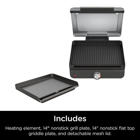 Open electric griddle and indoor grill with interchangeable 14-inch nonstick plates, adjustable temperature knob, and lid.