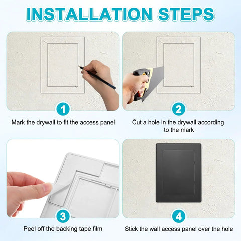 Installation steps for Self Adhesive Drywall Access Panel Hide That Messy Wiring And Plumbing Pipes With This Quick Peel And Stick Wall Hole Cover.