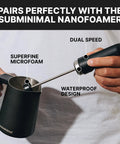 FlowTip Milk Jug For Barista Level Frothing At Home, Stovetop Foaming Pitcher with Subminimal NanoFoamer and Microfoam Text