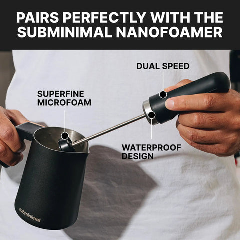 FlowTip Milk Jug For Barista Level Frothing At Home, Stovetop Foaming Pitcher with Subminimal NanoFoamer and Microfoam Text