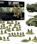 Bolt Action US Army Starter Set One To Fifty Six Scale WWII Wargaming Plastic Miniatures Kit with infantry, half-track, tank.