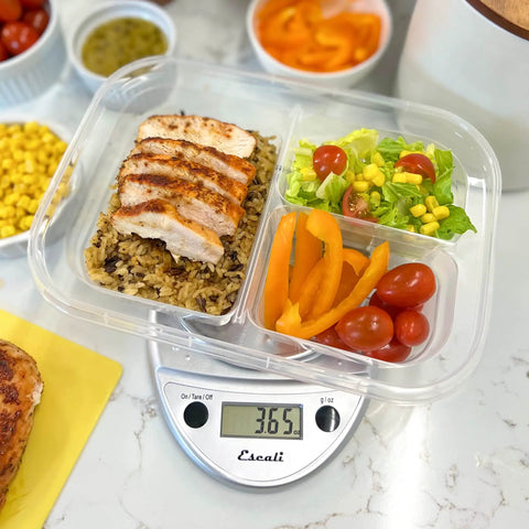 Primo Digital Food Scale For Precise Weighin, Portion Control, And Baking Prep under meal prep container with chicken and veggies
