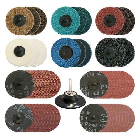 Assorted 58 Piece 3 Inch Quick Change Sanding Disc Set For Die Grinder Surface Prep And Finishing With Aluminum Oxide Abrasives Pro Grade