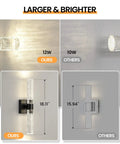 Modern Black Crystal LED Bathroom Sconce 18 Inch Wall Light Fixture 4000K Vanity Light highlighting size and brightness