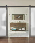 Kick Up Your Spaces With Top Shelf Double Sliding Barn Doors 42 X 96 Inches Featuring Ginger Ash Finish frosted glass inserts in modern decor.