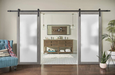Kick Up Your Spaces With Top Shelf Double Sliding Barn Doors 42 X 96 Inches Featuring Ginger Ash Finish frosted glass inserts in modern decor.