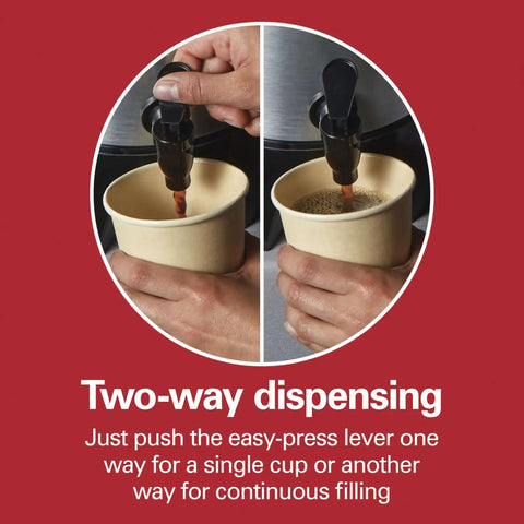 Two-way dispensing of Party Ready 45 Cup Coffee Urn And Hot Beverage Dispenser With Fast One Minute Per Cup Brew Crowd Friendly
