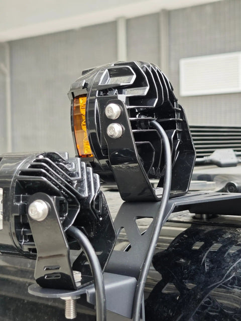 Dual A Pillar LED Pods Off Road Mounting Brackets Set For Wrangler JL And JK No Drill Easy Bolt On Brackets with LED pods close-up