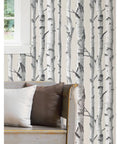Birch Tree Peel And Stick Wallpaper Removable Wall Covering That Sticks Easy Repositions Smoothly And Leaves No Residue For Rentals And DIY Decor Twenty Point Five Inches By Eighteen Feet, taupe birch tree design with a bench.