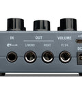 Rear view of POD Express Bass On The Go Ultra Portable Bass Amp Modeler showing input, output, volume knobs, USB-C, and DC input.
