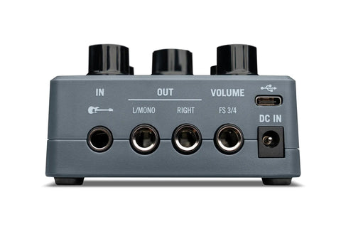 Rear view of POD Express Bass On The Go Ultra Portable Bass Amp Modeler showing input, output, volume knobs, USB-C, and DC input.