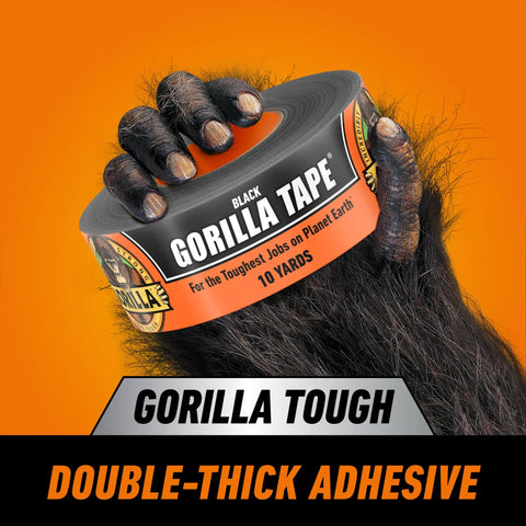 Gorilla hand holding black duct tape roll labeled Gorilla Tape, 10 yards, with text "Gorilla Tough Double-Thick Adhesive" on orange background.