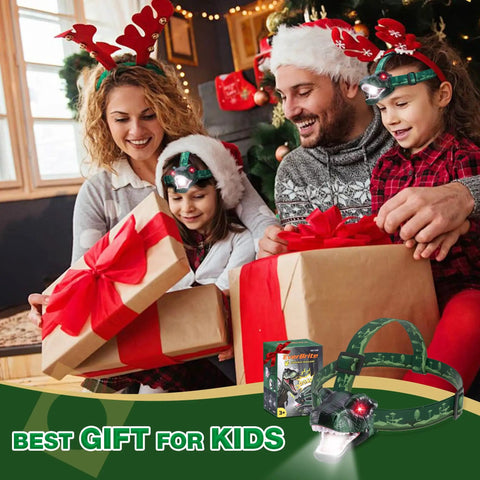 Family with gifts; Kids Dinosaur Themed LED Headlamp With T Rex Design, Glowing Eyes And Roaring Sound Effects, Perfect For Camping
