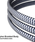 Close-up of the Heavy Duty Six Point Six Foot Two Prong AC Power Cord Seven Amps 125 Volts 18 AWG Replacement Cable braided nylon exterior.