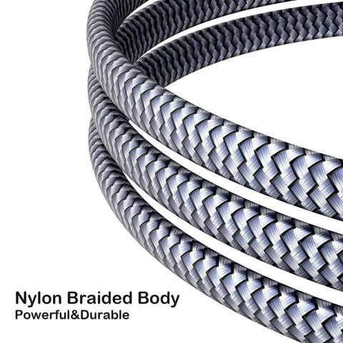 Close-up of the Heavy Duty Six Point Six Foot Two Prong AC Power Cord Seven Amps 125 Volts 18 AWG Replacement Cable braided nylon exterior.