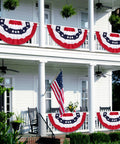 3 Pack 2.5 By 5 Ft Pleated Fan Flags Set For Outdoors And Indoors All American Red White Blue Half Fan Bunting on porch railing