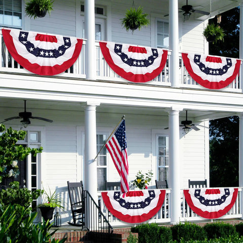 3 Pack 2.5 By 5 Ft Pleated Fan Flags Set For Outdoors And Indoors All American Red White Blue Half Fan Bunting on porch railing
