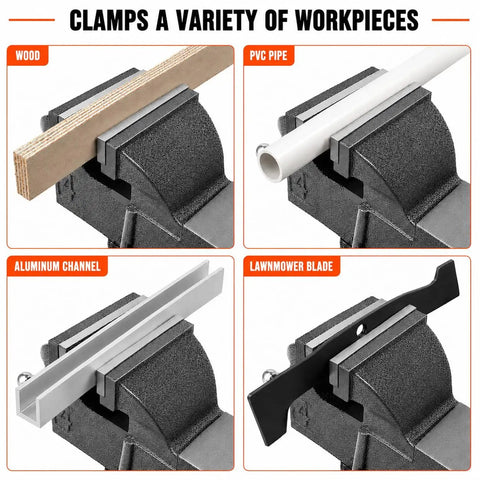 4 Inch Bench Vise With Cast Iron Body And Swivel Base Heavy Duty 36000 PSI Clamp 4 Inch Jaws Opening Up To Five And One Eighth Inches 130 Degree Swivel 2440 Lb Clamping Force Built In Anvil Three And Three Eighths By Three Inches Workhorse clamps wood, PVC pipe, aluminum channel and lawnmower blade