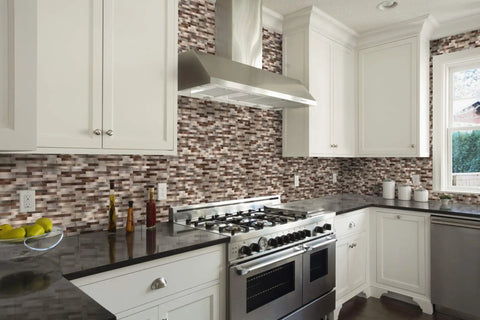 Modern kitchen with Metal Mosaic Tile Backsplash Peel And Stick Easy DIY Oblong 12x12 Inch Sheets In Coffee Copper Brown Mix.