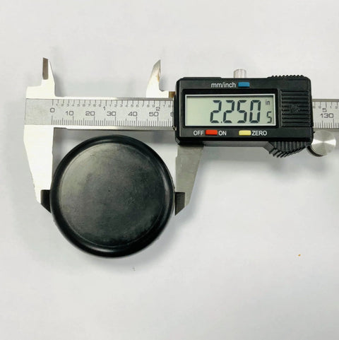 Pack Of Four Two And A Quarter Inch Round Plugs Black Plastic End Caps For Office And Patio Furniture Finishing Caps And Fitness Equipment End Caps By SBD Fits Tube Hole Size One Point Nine Nine To Two Point Zero Eight Inches ID, 2.25 inch round plug with caliper measurement.