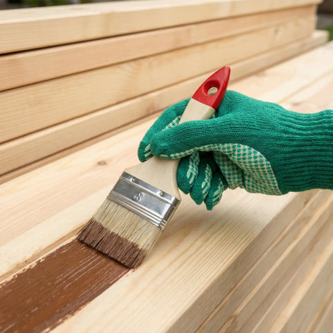 Close-up of hand using 3-inch paint brush on wood with 6 Inch Deck Stain Brush With 77 Inch Extendable Handle And 3 Inch Paint Brush Set