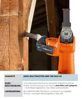Heavy Duty Cordless Oscillating Multi Tool Delivering Slick Fast Cuts For Wood Metal And Tile Sanding, cutting through wooden beam.