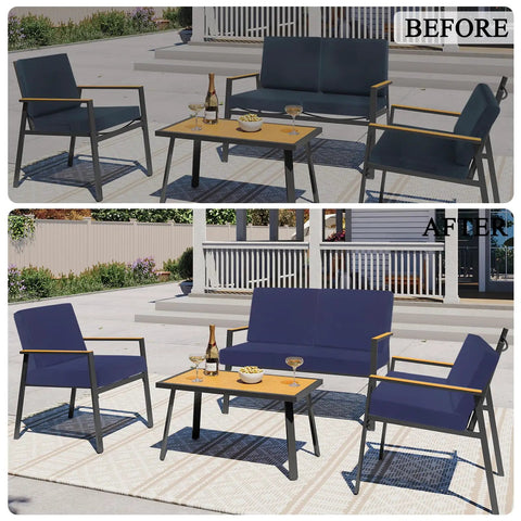 Elastic Patio Cushion Covers Set Of 12 Waterproof Outdoor Chair Cushions Slipcovers Washable Reusable Seat Cushions For Patio Furniture Protector Fits 19 To 26 Inch Length And 20 To 26 Inch Width shown in before-and-after patio setup.